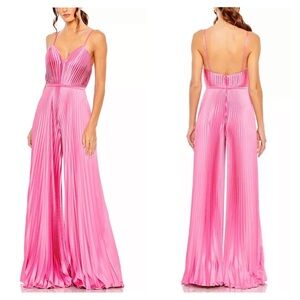 NEW Mac Duggal pleated satin plunge neck wide leg jumpsuit